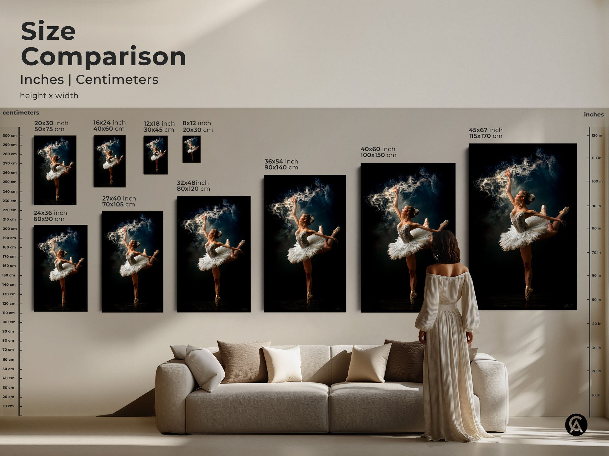 Size comparison of ballerina art prints. See how different sizes fit above a sofa. Available in sizes from 8x12 inches to 45x67 inches. Choose from canvas or poster prints. Find the ideal size for your home decor.