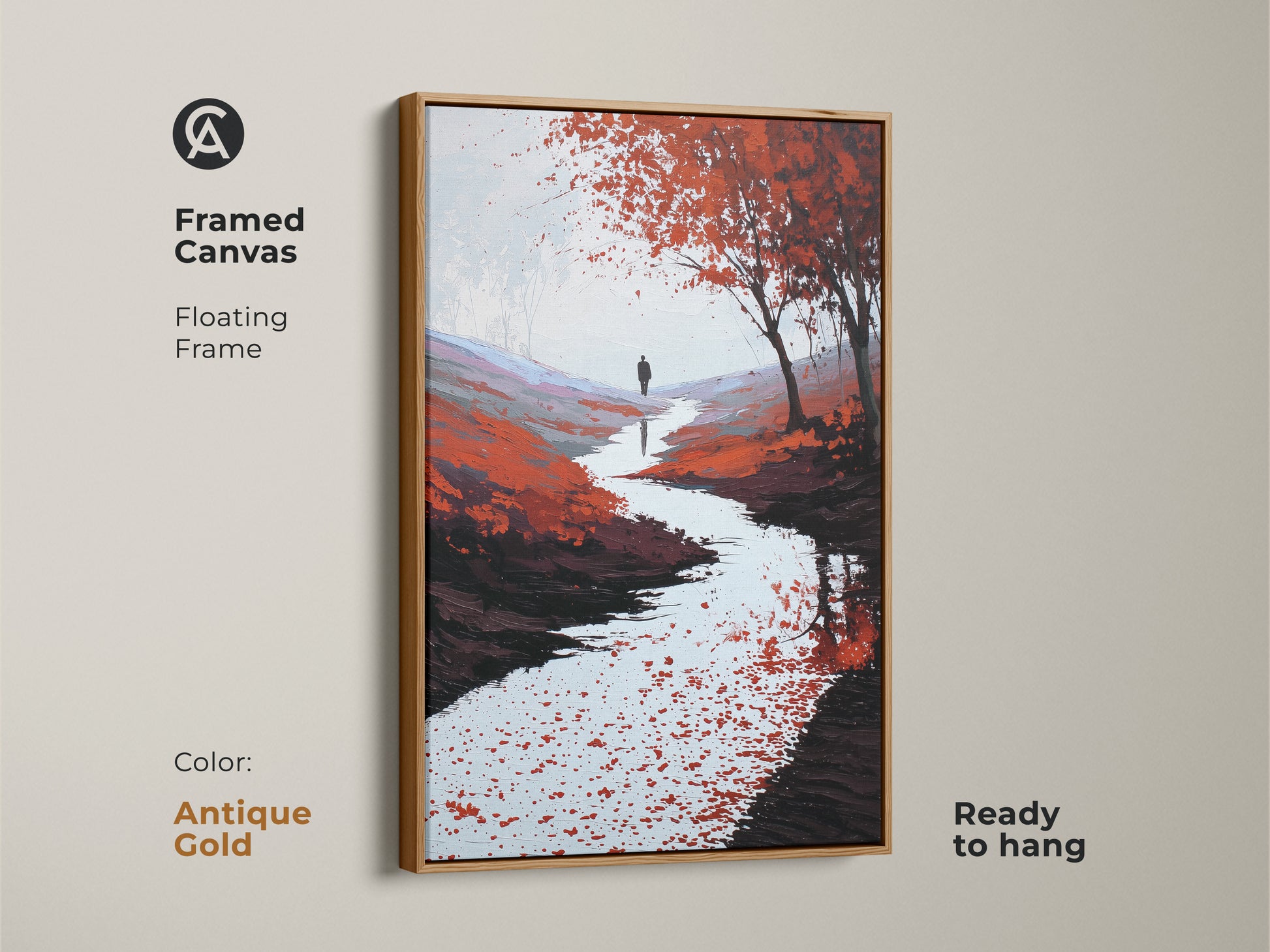 Framed canvas with a floating antique gold frame. This contemporary landscape art shows a red orange river. The scenic pathway artwork is a great gift for art lovers. It is ready to hang.