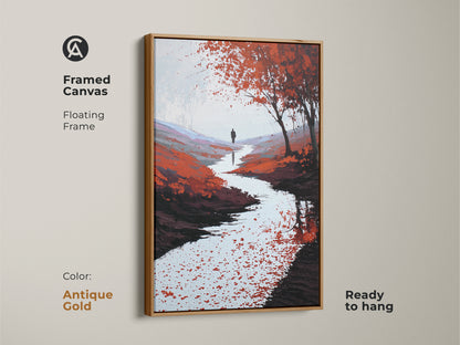Framed canvas with a floating antique gold frame. This contemporary landscape art shows a red orange river. The scenic pathway artwork is a great gift for art lovers. It is ready to hang.