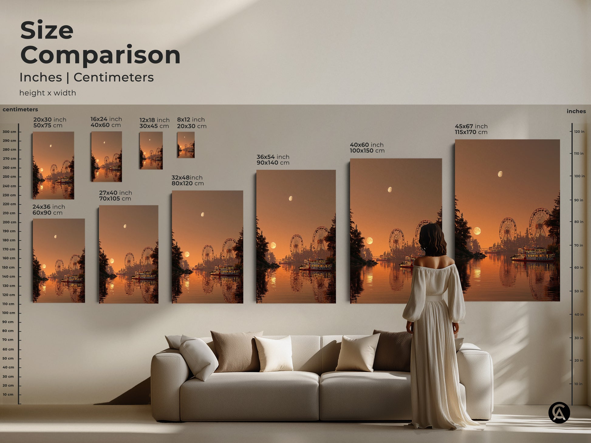 Size comparison of retro amusement park art in inches and centimeters. This canvas print shows a sunset with ferris wheels and steamboat. Choose the perfect size for your nostalgic home decor or travel gift.
