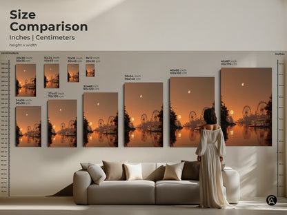 Size comparison of retro amusement park art in inches and centimeters. This canvas print shows a sunset with ferris wheels and steamboat. Choose the perfect size for your nostalgic home decor or travel gift.