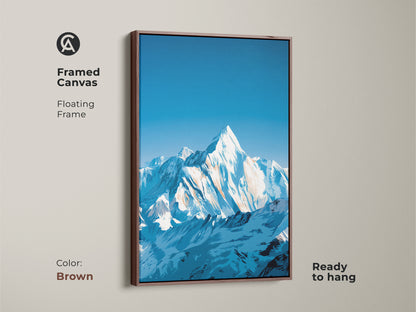 Framed canvas art presents a snowy mountain scene. This deep blue landscape print is a modern stylized artwork. The nature scene art print is ready to hang. The floating frame is brown. It is a great piece of jagged peaks canvas art.