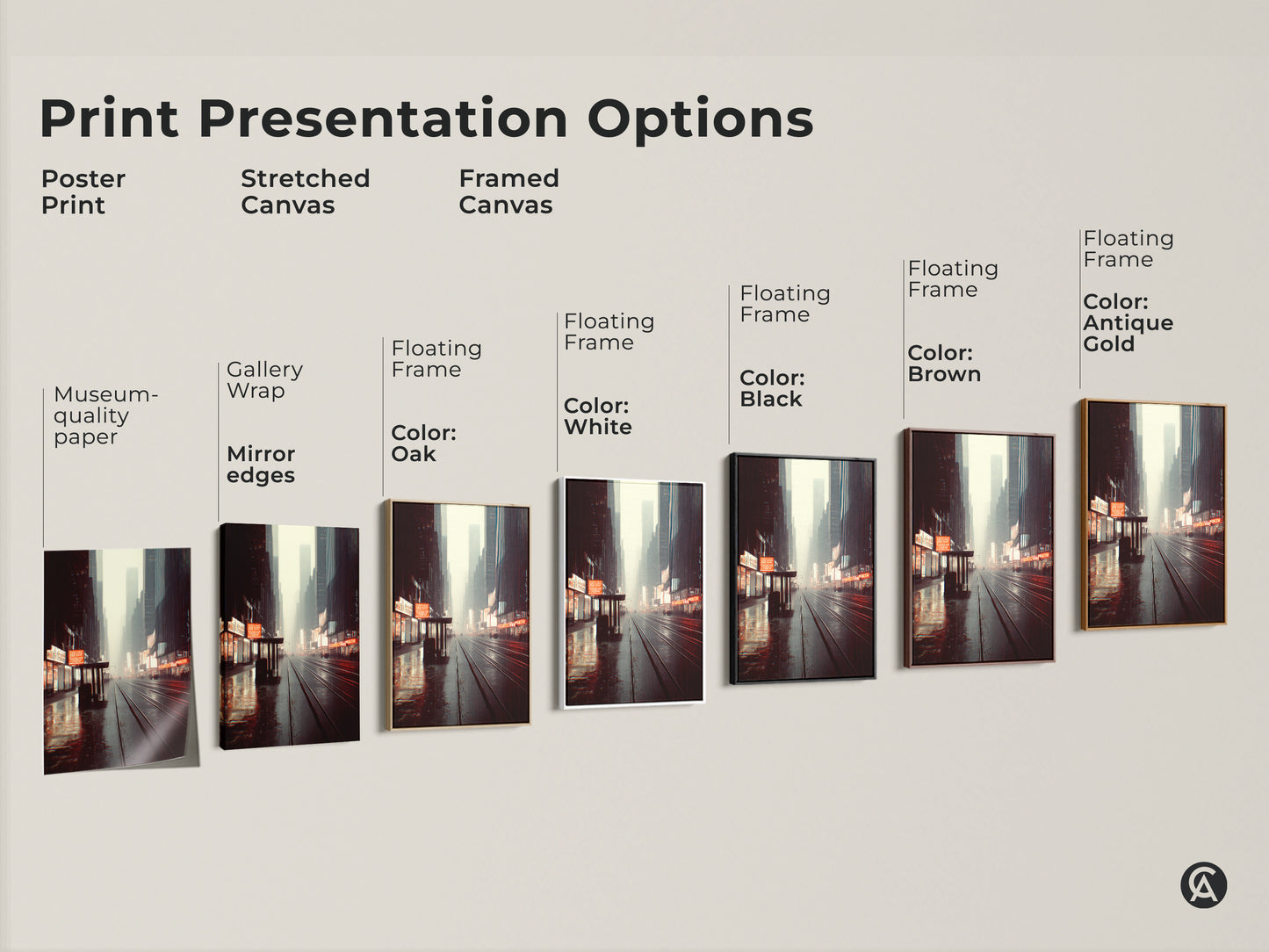 Explore print presentation options for urban cityscape wall art. Choose from poster prints stretched canvas and framed canvas. Each showcases a city night street canvas with industrial home decor style.