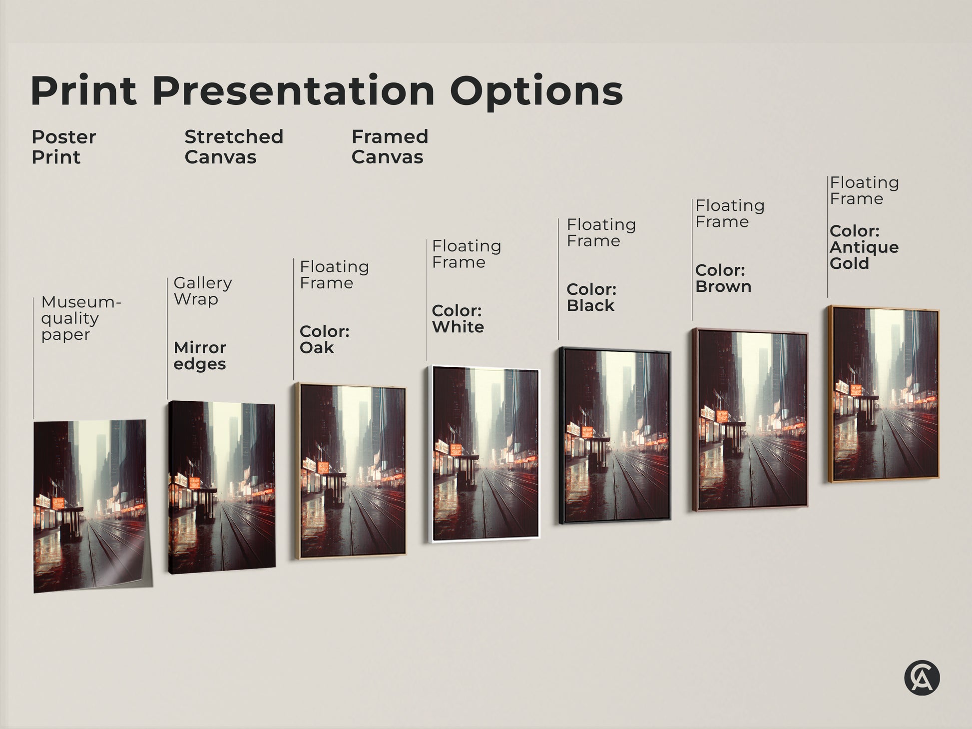 Explore print presentation options for urban cityscape wall art. Choose from poster prints stretched canvas and framed canvas. Each showcases a city night street canvas with industrial home decor style.