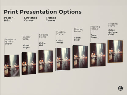 Explore print presentation options for urban cityscape wall art. Choose from poster prints stretched canvas and framed canvas. Each showcases a city night street canvas with industrial home decor style.