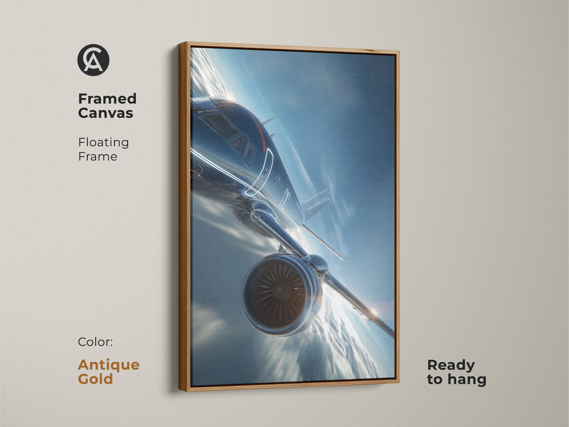 Framed canvas with a floating frame showcases a futuristic jet. This modern aviation artwork is ready to hang. The antique gold frame adds elegance to the blue and white print. A perfect piece for executive office art.