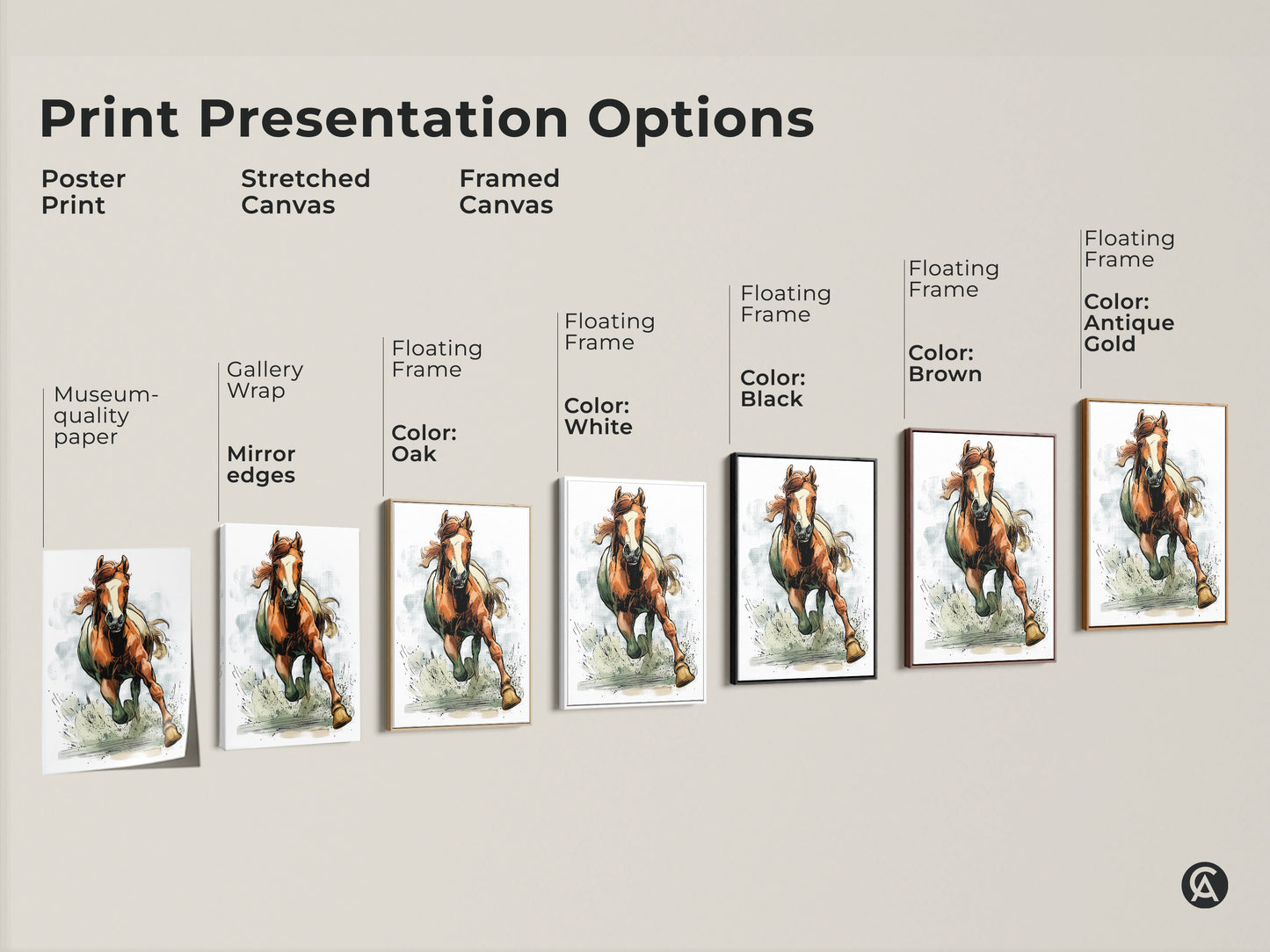 Explore print presentation options with this rustic horse art print. Choose from poster stretched or framed canvas. See how the equestrian wall decor transforms with different finishes. The running wildlife animal painting looks stunning in any format. Find the perfect orange brown artwork for your space.