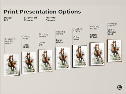Explore print presentation options with this rustic horse art print. Choose from poster stretched or framed canvas. See how the equestrian wall decor transforms with different finishes. The running wildlife animal painting looks stunning in any format. Find the perfect orange brown artwork for your space.