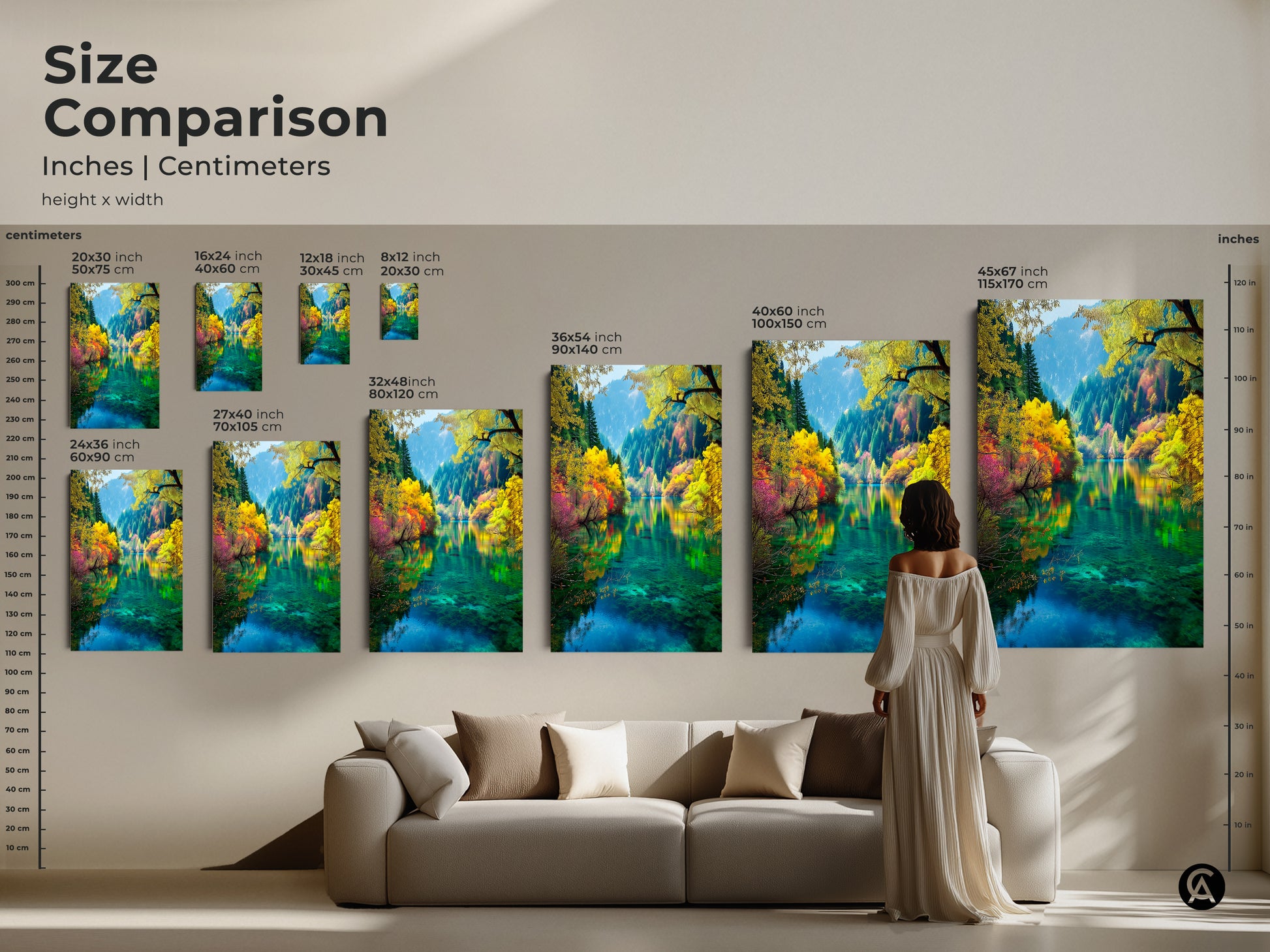 Compare sizes and transform your space with our Jiuzhaigou Valley artwork. From small to large dimensions find the perfect fit for your home. Explore our canvas and poster prints to elevate your decor with stunning nature-inspired art today.