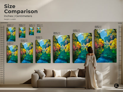 Compare sizes and transform your space with our Jiuzhaigou Valley artwork. From small to large dimensions find the perfect fit for your home. Explore our canvas and poster prints to elevate your decor with stunning nature-inspired art today.