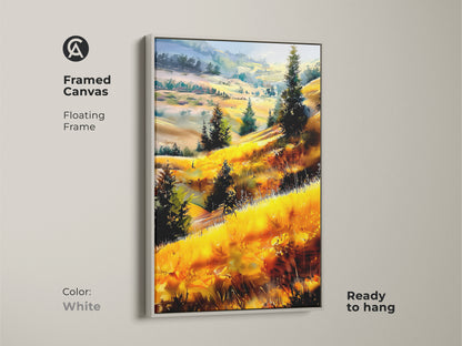 White framed canvas art print featuring golden hills and trees artwork. The impressionistic landscape brings a serene touch to bedroom decor. This rustic nature artwork is ready to hang.
