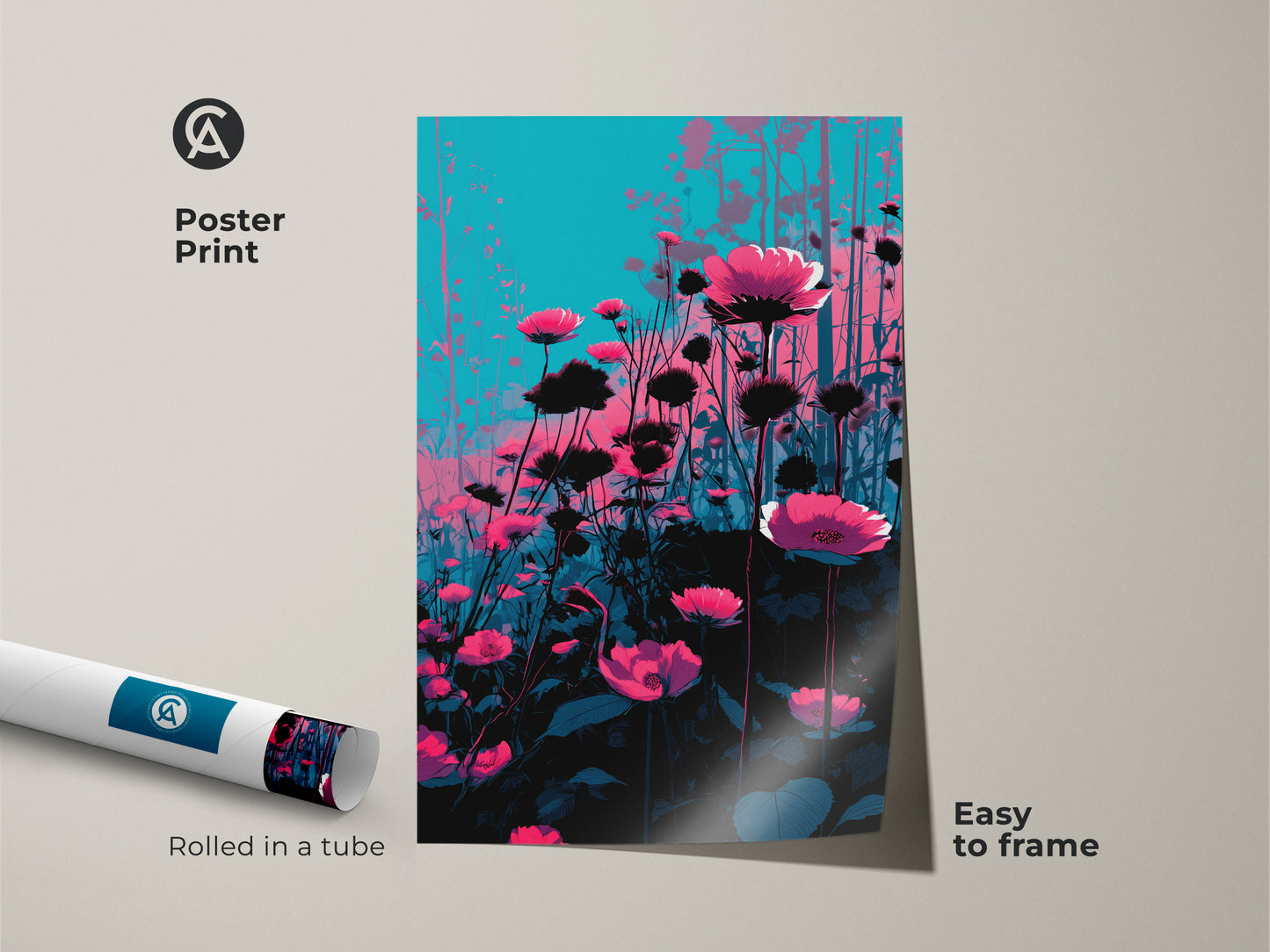 Magenta poppies and teal wildflowers poster print offers easy framing. Rolled in a tube for protection this contemporary botanical artwork is vibrant. Add modern wildflower artwork to your home decor. Pink flower art print brings a splash of color.