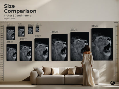 Size comparison of photorealistic lion art in inches and centimeters. Visualize the monochrome wildlife art in various sizes. Ranging from small to large. Perfect black and white animal art to enhance your space. Shop dramatic lion face art for your contemporary decor.