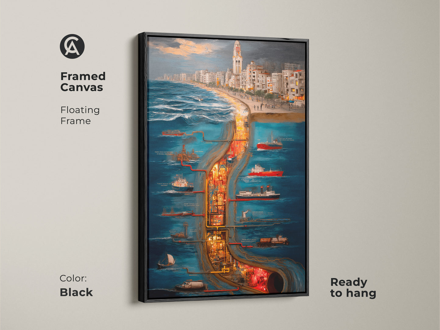 Framed Canvas in black showcases a surreal cityscape maritime industrial scene. The floating frame art is ready to hang as wall decor. Deep blue orange and yellow tones make it perfect for eclectic home decor or unique office art. This maritime industrial canvas captures a ship and city skyline in an artistic urban scene.