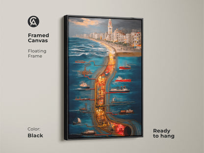 Framed Canvas in black showcases a surreal cityscape maritime industrial scene. The floating frame art is ready to hang as wall decor. Deep blue orange and yellow tones make it perfect for eclectic home decor or unique office art. This maritime industrial canvas captures a ship and city skyline in an artistic urban scene.