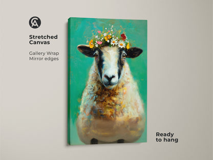 Stretched canvas of a whimsical sheep art print. The emerald green and teal artwork features a cute sheep with a floral crown. The gallery wrap has mirrored edges. The bohemian home decor is ready to hang. This folk art animal art is perfect as a gift for animal lovers.