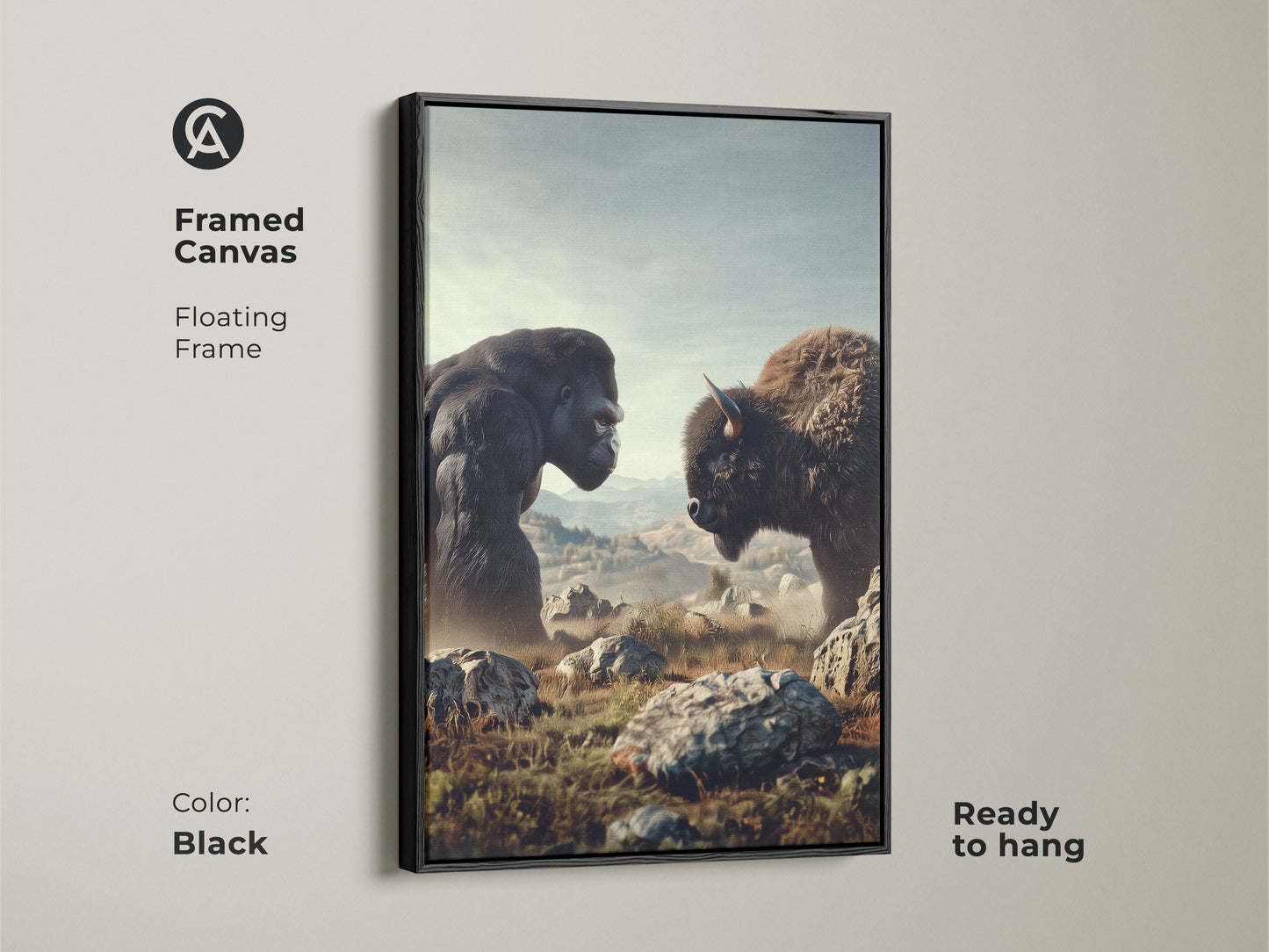 Framed canvas featuring a Gorilla and Bison confrontation. The floating frame is black. This wildlife artwork has rustic earth tones. Ready to hang this animal art enhances your study or office decor.