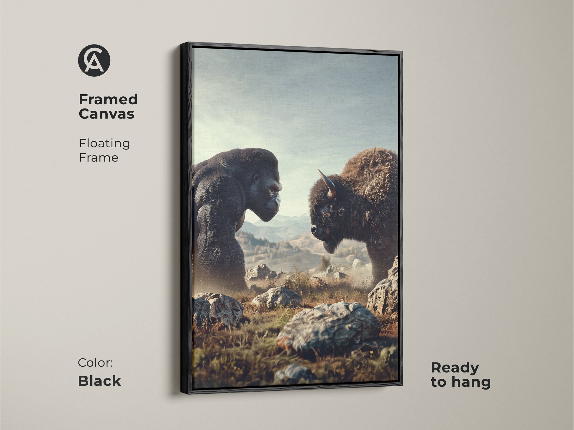 Framed canvas featuring a Gorilla and Bison confrontation. The floating frame is black. This wildlife artwork has rustic earth tones. Ready to hang this animal art enhances your study or office decor.