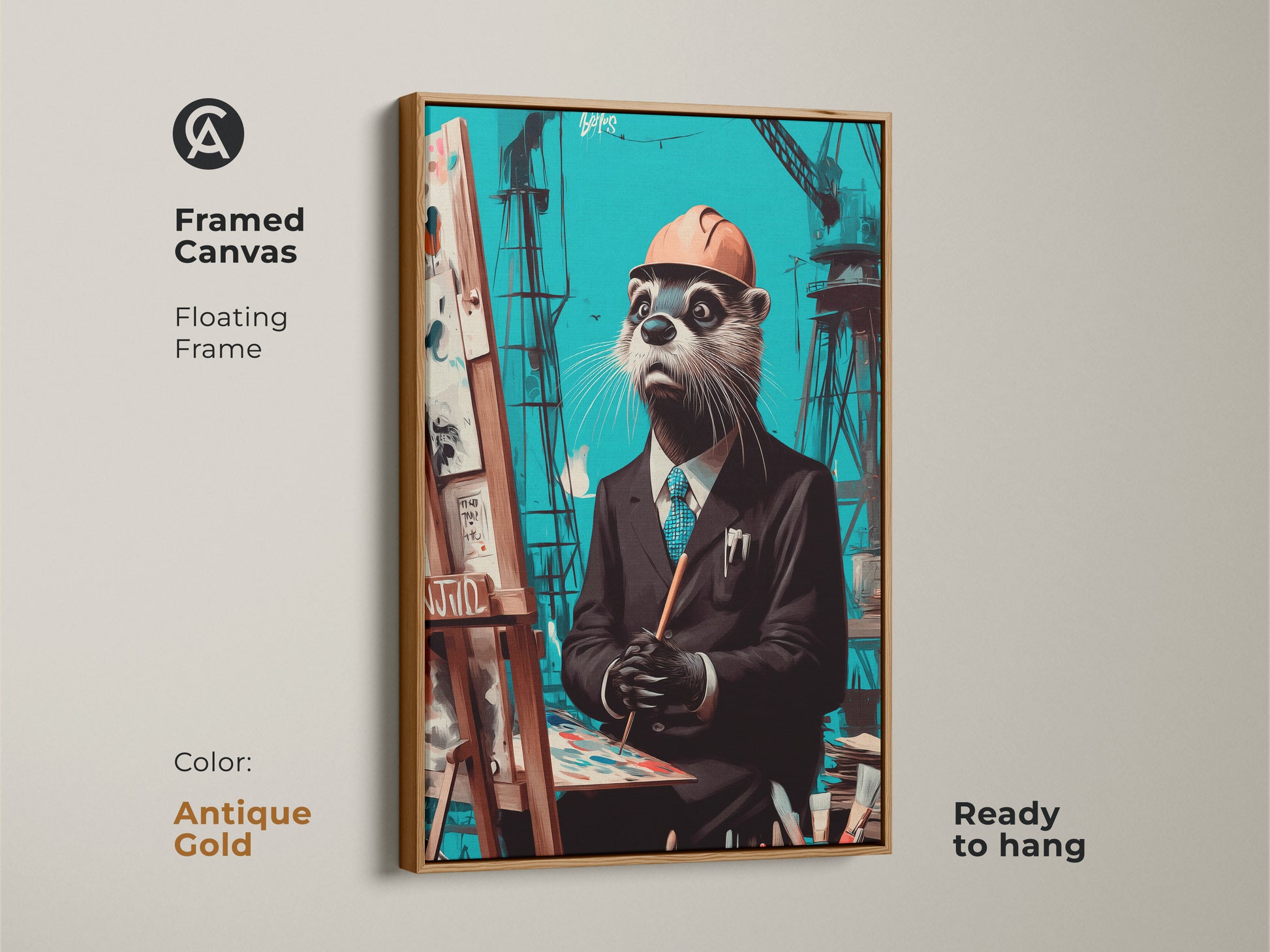 Antique gold framed canvas showcases a surreal otter. This unique artist otter painting is ready to hang. The teal brown art makes for eccentric wall decor. It is ideal as a builder enthusiast gift.