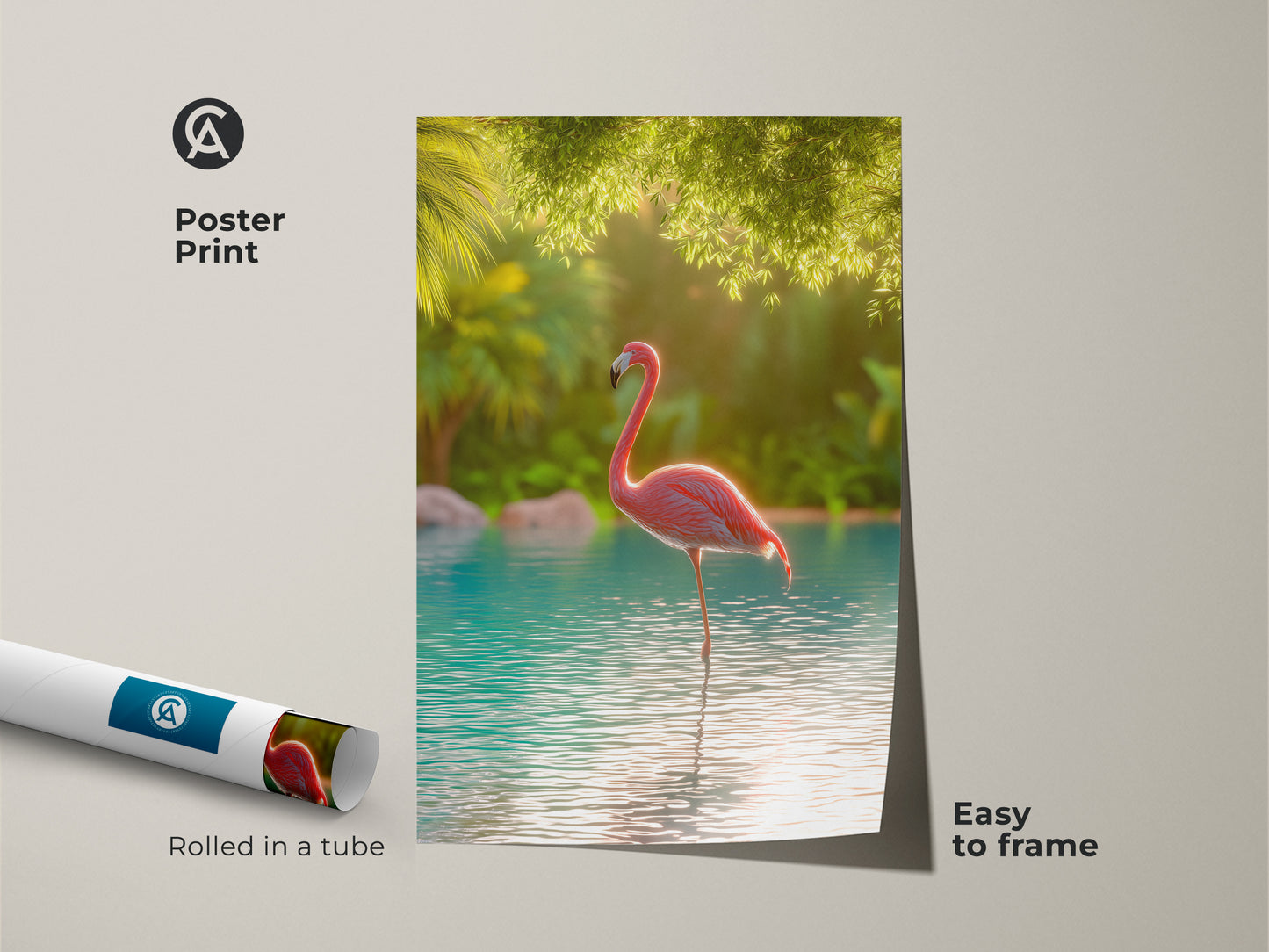 Poster print of a tropical flamingo art piece. The pink flamingo is standing in turquoise water. Lush greenery surrounds it. The poster is easy to frame. It is a simple way to add coastal living art to your home. Perfect for summer vibes.