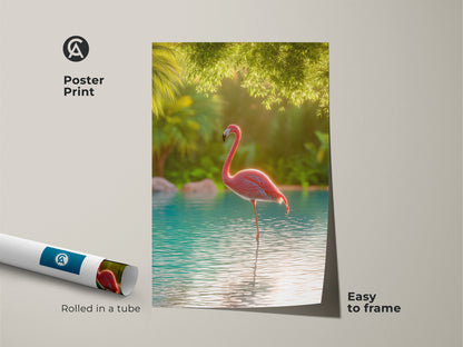 Poster print of a tropical flamingo art piece. The pink flamingo is standing in turquoise water. Lush greenery surrounds it. The poster is easy to frame. It is a simple way to add coastal living art to your home. Perfect for summer vibes.
