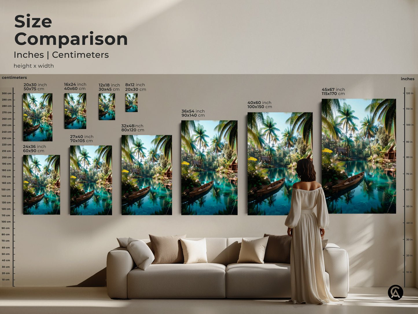 Size comparison of tropical lagoon art in inches and centimeters. This artwork features palm trees a wooden boat and clear waters. See how different sizes fit above a sofa. Choose the perfect size to enhance your living space with this tranquil tropical scene. Add beauty to your home today.