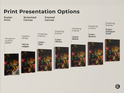 Print presentation options featuring floral artwork. Choose from poster prints stretched canvas and framed canvas. Each option showcases a dark backdrop with colorful flowers. Find the perfect floral art for your home decor today.