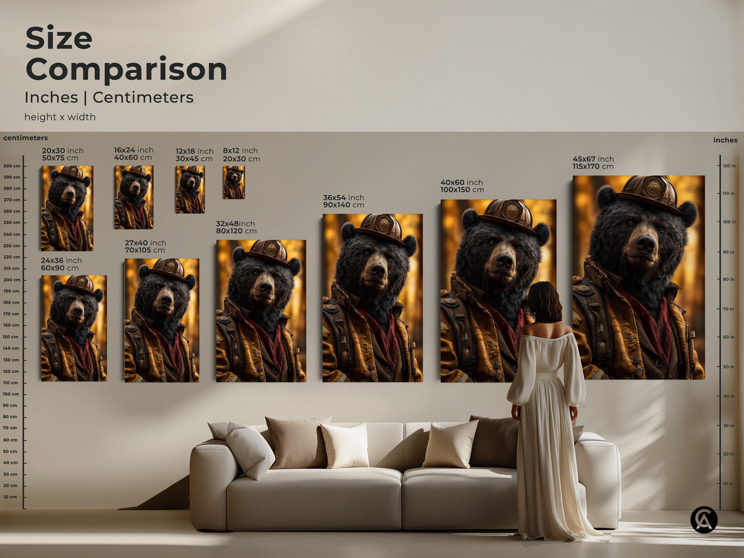 A size comparison shows the wildlife bear firefighter artwork in various dimensions. The realistic animal portrait includes inches and centimeters. This artwork adds a touch of eclectic charm to any room. Its a unique gift idea
