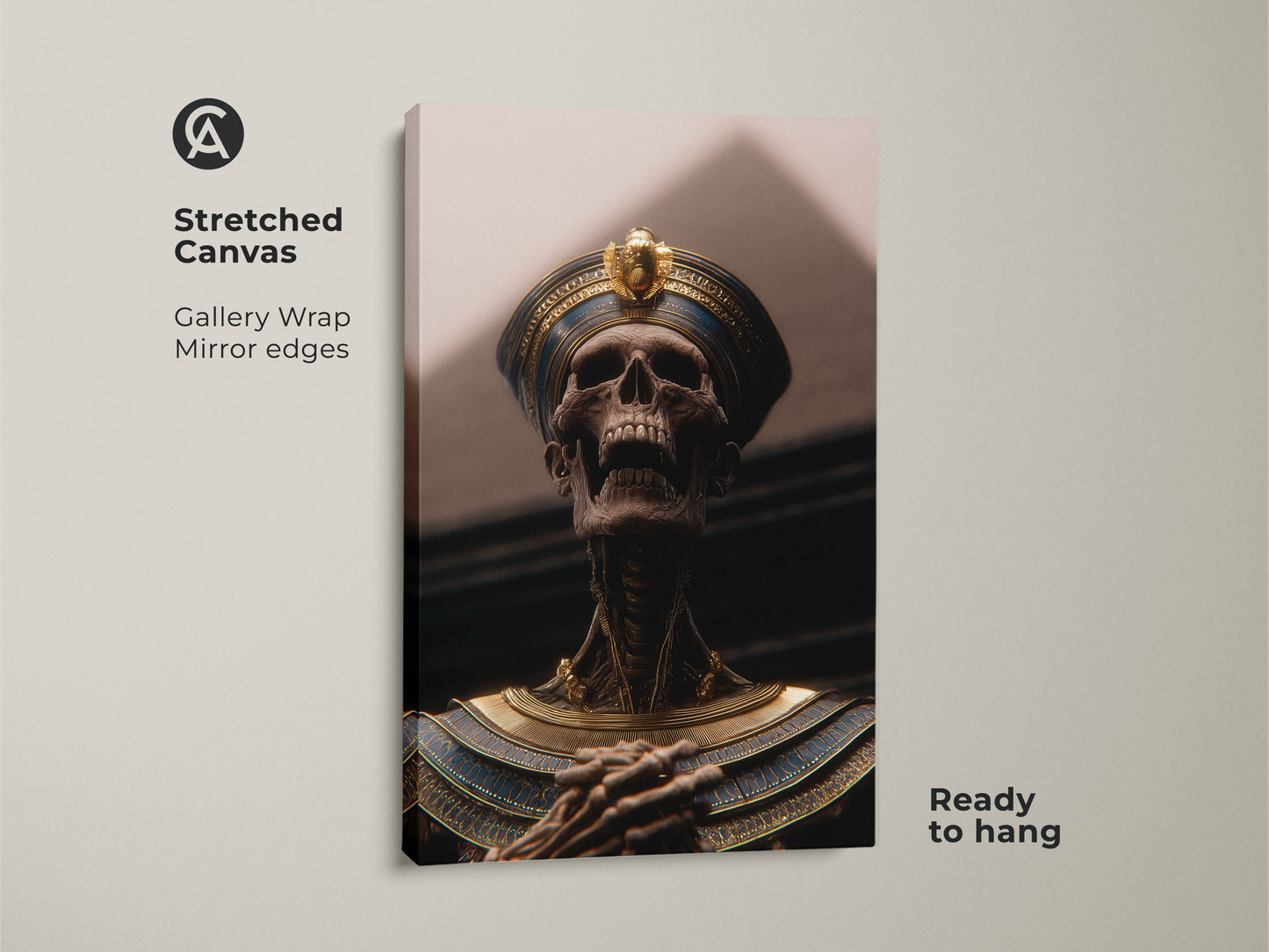 Stretched canvas art print of a pharaoh skeleton. This ancient Egyptian mythology artwork has gallery wrapped mirror edges and is ready to hang. The Dark Academia style blends gold blue tones for study office decor. It serves as an eclectic history artwork piece for your royal tomb wall.