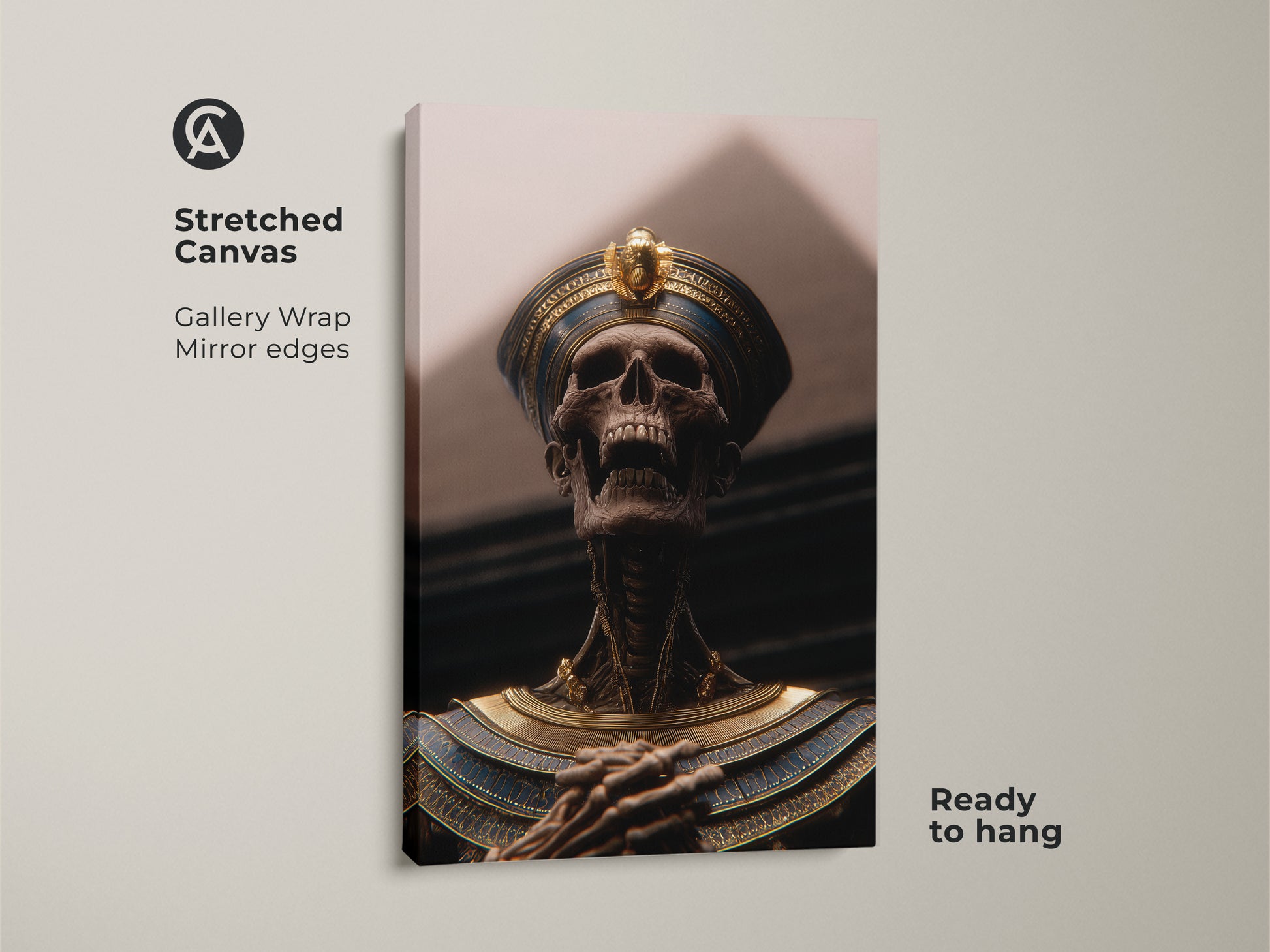 Stretched canvas art print of a pharaoh skeleton. This ancient Egyptian mythology artwork has gallery wrapped mirror edges and is ready to hang. The Dark Academia style blends gold blue tones for study office decor. It serves as an eclectic history artwork piece for your royal tomb wall.