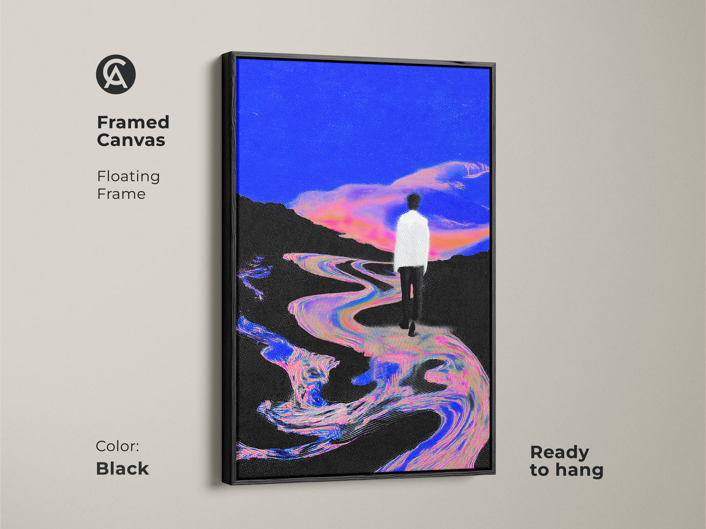 Framed Canvas showcasing a surreal landscape. The glitch art style is presented in a floating frame. An electric blue and pink art print features a man walking by a river. Ready to hang for modern office wall decor.