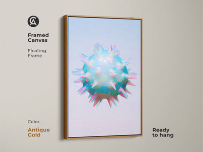 Antique gold framed canvas of holographic abstract cell art. This sci-fi geometric wall art features iridescent teal blue and pink colors. This contemporary abstract art is ready to hang.