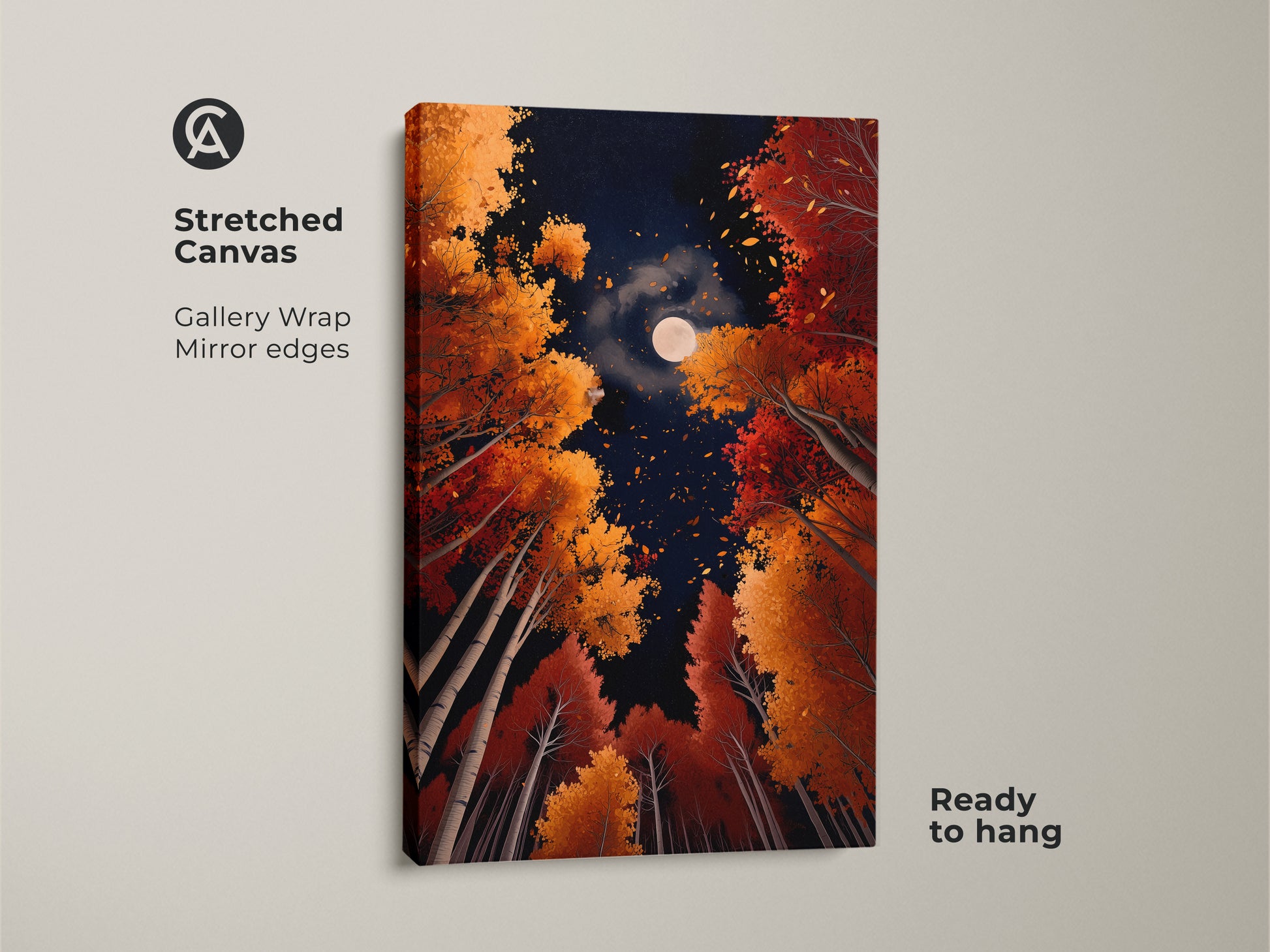 Experience 'Autumn Moon' on stretched canvas. The gallery wrap and mirror edges give a modern look. The vivid autumn colors and moonlit sky create a stunning focal point. Ready to hang and easy to display. Elevate your home decor with this unique artwork.