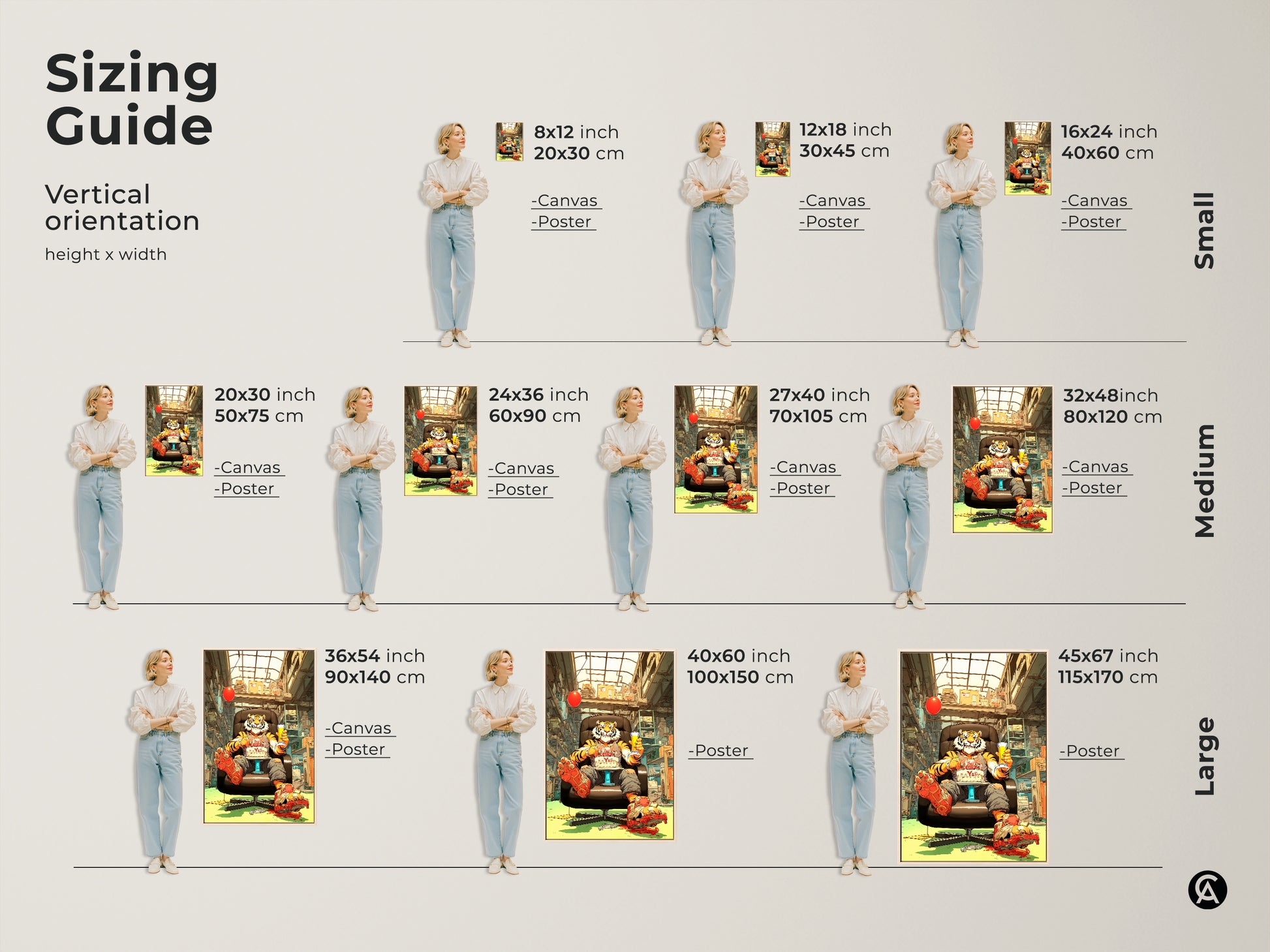 Explore the sizing guide for the vertical surreal pop art tiger artwork. Available in small medium and large sizes for canvas and poster prints. Find the perfect fit for your office wall decor or as a unique animal print for any space needing color.