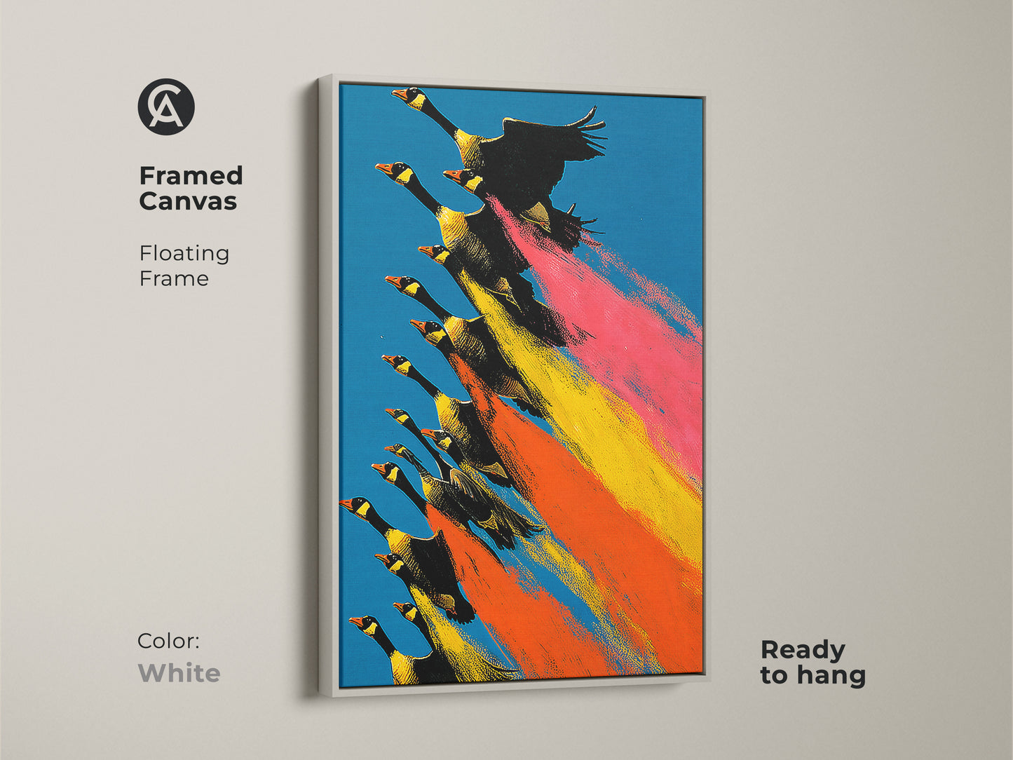 Framed Geese in Flight Canvas features a white floating frame. This nature animals wall decor is ready to hang. The colorful bird art print showcases bright blue orange yellow accents. Perfect for eclectic feather artwork display.
