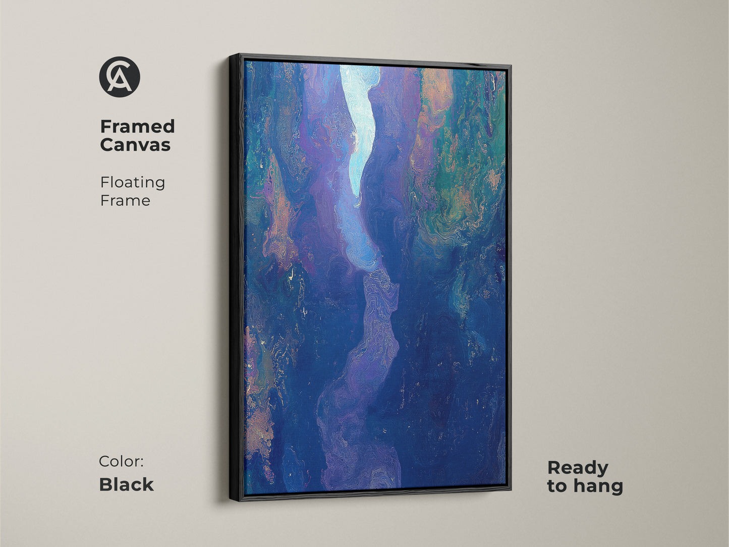 Framed canvas featuring abstract fluid art in a floating black frame. The deep blue purple art print offers contemporary river canyon artwork. Ready to hang this piece will elevate your bedroom or living room decor.