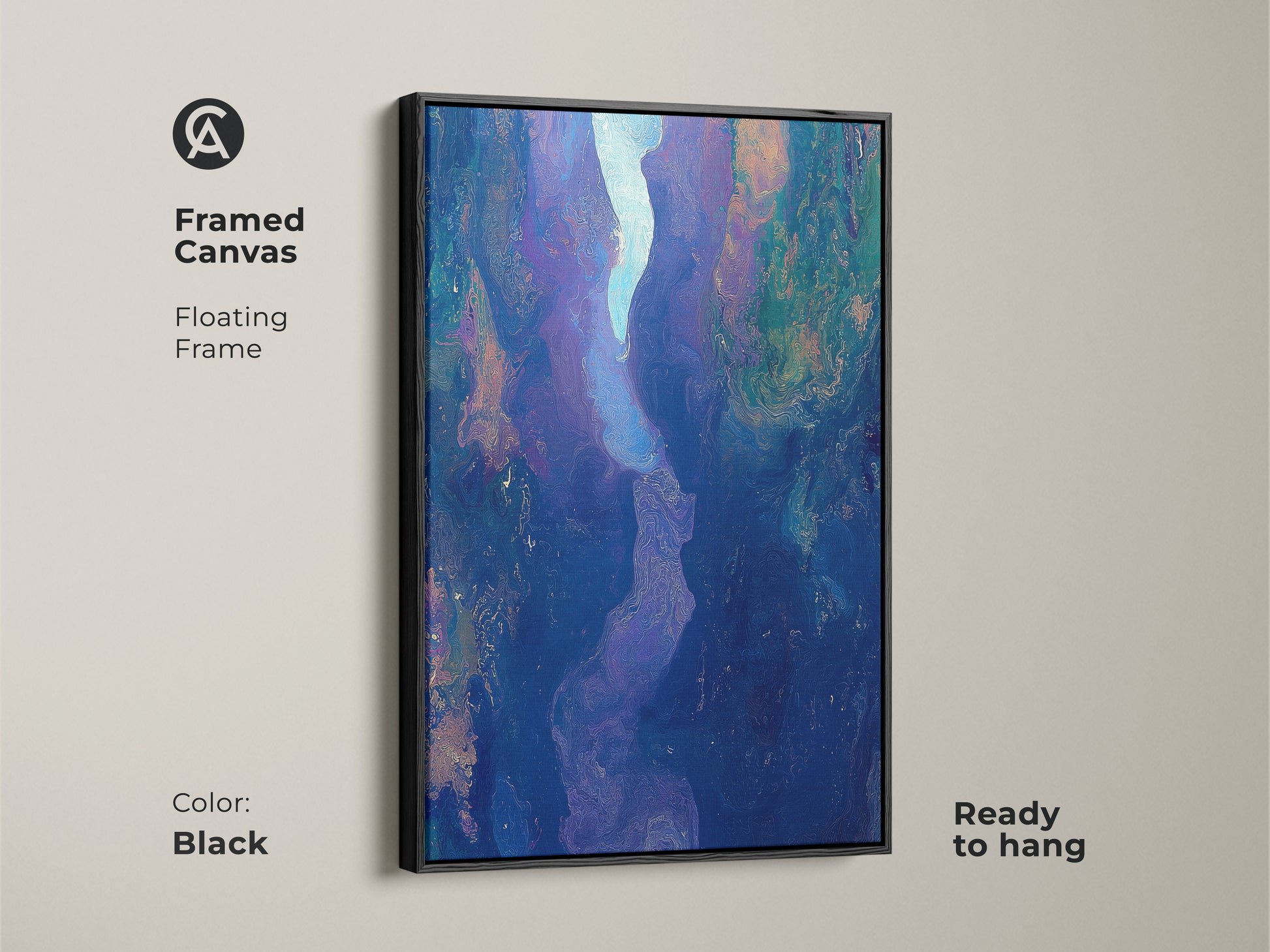 Framed canvas featuring abstract fluid art in a floating black frame. The deep blue purple art print offers contemporary river canyon artwork. Ready to hang this piece will elevate your bedroom or living room decor.