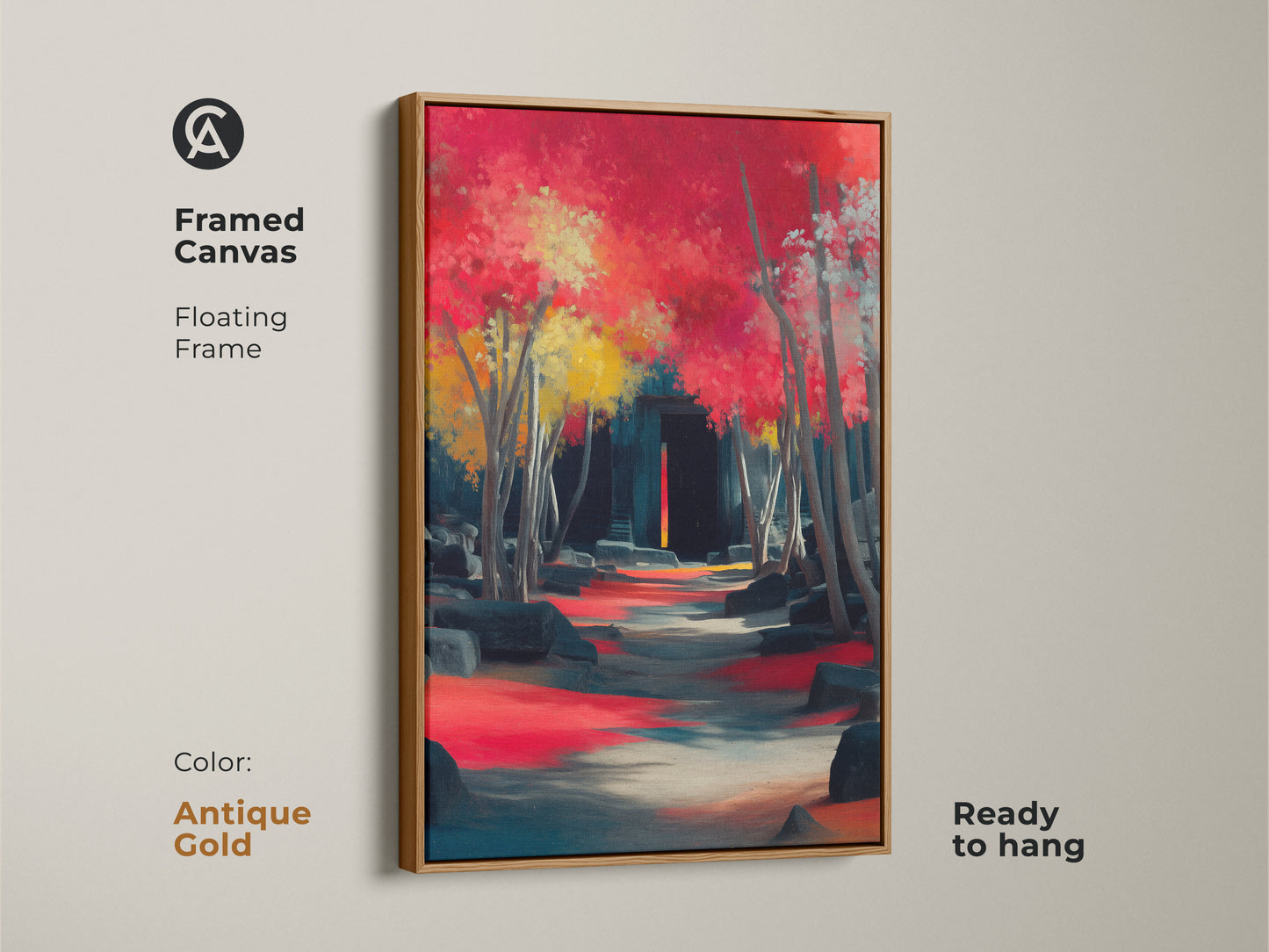 Framed canvas with an antique gold frame featuring crimson red teal artwork. Impressionistic pathway art leads to ancient ruins. This ready to hang piece makes a unique home decor statement. Ideal as a gift for travelers.