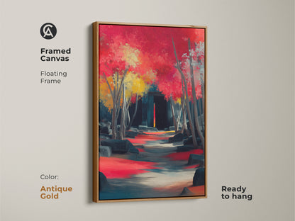 Framed canvas with an antique gold frame featuring crimson red teal artwork. Impressionistic pathway art leads to ancient ruins. This ready to hang piece makes a unique home decor statement. Ideal as a gift for travelers.