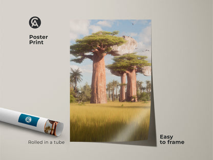 Poster Print of African Baobab trees in a sunny Savannah. This yellow green nature art comes rolled in a tube. It is easy to frame. This realistic landscape canvas is an exotic trees wall hanging.