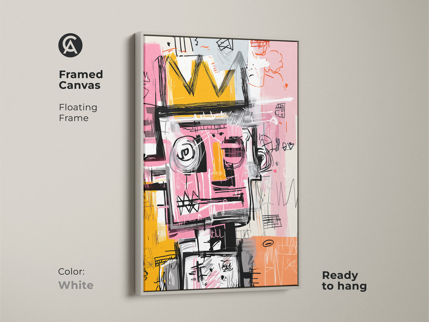 White framed canvas print of a contemporary abstract figure with a crown. The floating frame offers a clean modern look. This ready-to-hang artwork complements various interior styles.