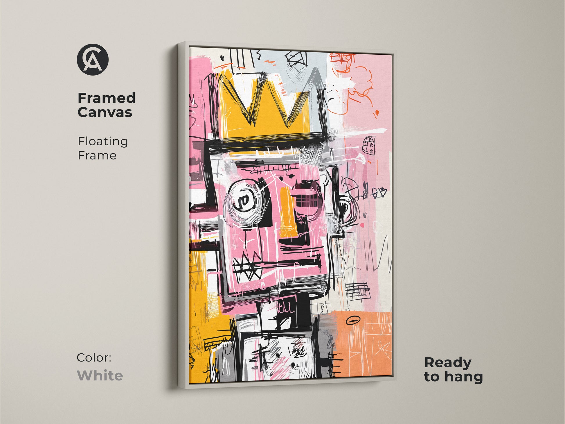 White framed canvas print of a contemporary abstract figure with a crown. The floating frame offers a clean modern look. This ready-to-hang artwork complements various interior styles.