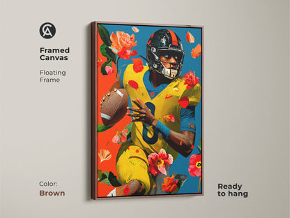 The brown framed canvas displays american football art. The artwork blends modern yellow and blue floral elements. This sports decor is ready to hang with a floating frame. Perfect for any space this is a thoughtful gift for sports enthusiasts. Enjoy this unique sports artwork.