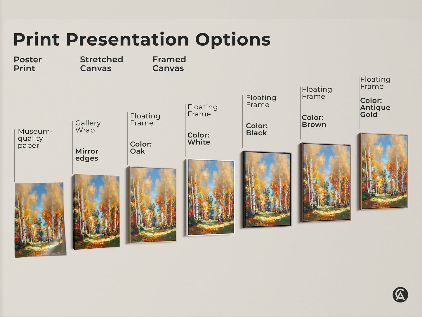 Explore print presentation options for birch tree artwork. Choose from poster prints stretched canvas or framed canvas. Customize with floating frame colors. Find your perfect piece.