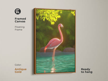 Framed canvas featuring a pink flamingo tropical bird wall art piece. The floating antique gold frame adds a touch of luxury. Teal green nature art is perfect for boho home decor. This exotic animal art is ready to hang. It is a great housewarming gift for her.