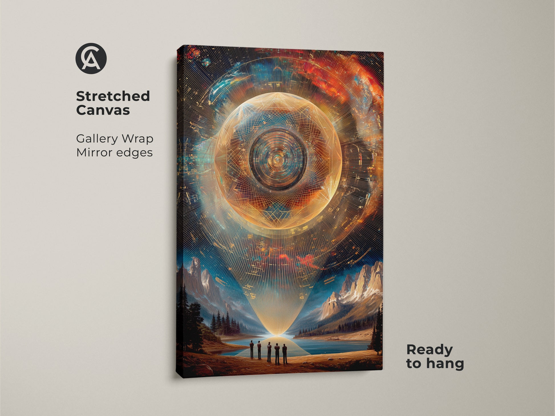 Abstract cosmic wall art of a sci-fi sphere print on stretched canvas. The futuristic mountain canvas is ready to hang. Gold teal landscape art features gallery wrap mirror edges. This surreal office decor makes a unique home accent. Ideal for space exploration art fans and those seeking modern wall art.