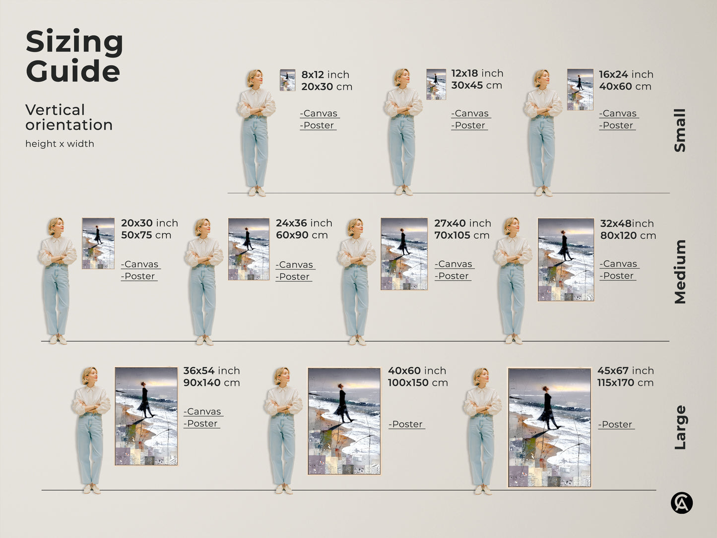 Sizing guide for abstract woman beach art print. Various sizes from small to large. Available as canvas or poster. Contemporary art adds visual interest to walls. A great beach lover artwork gift