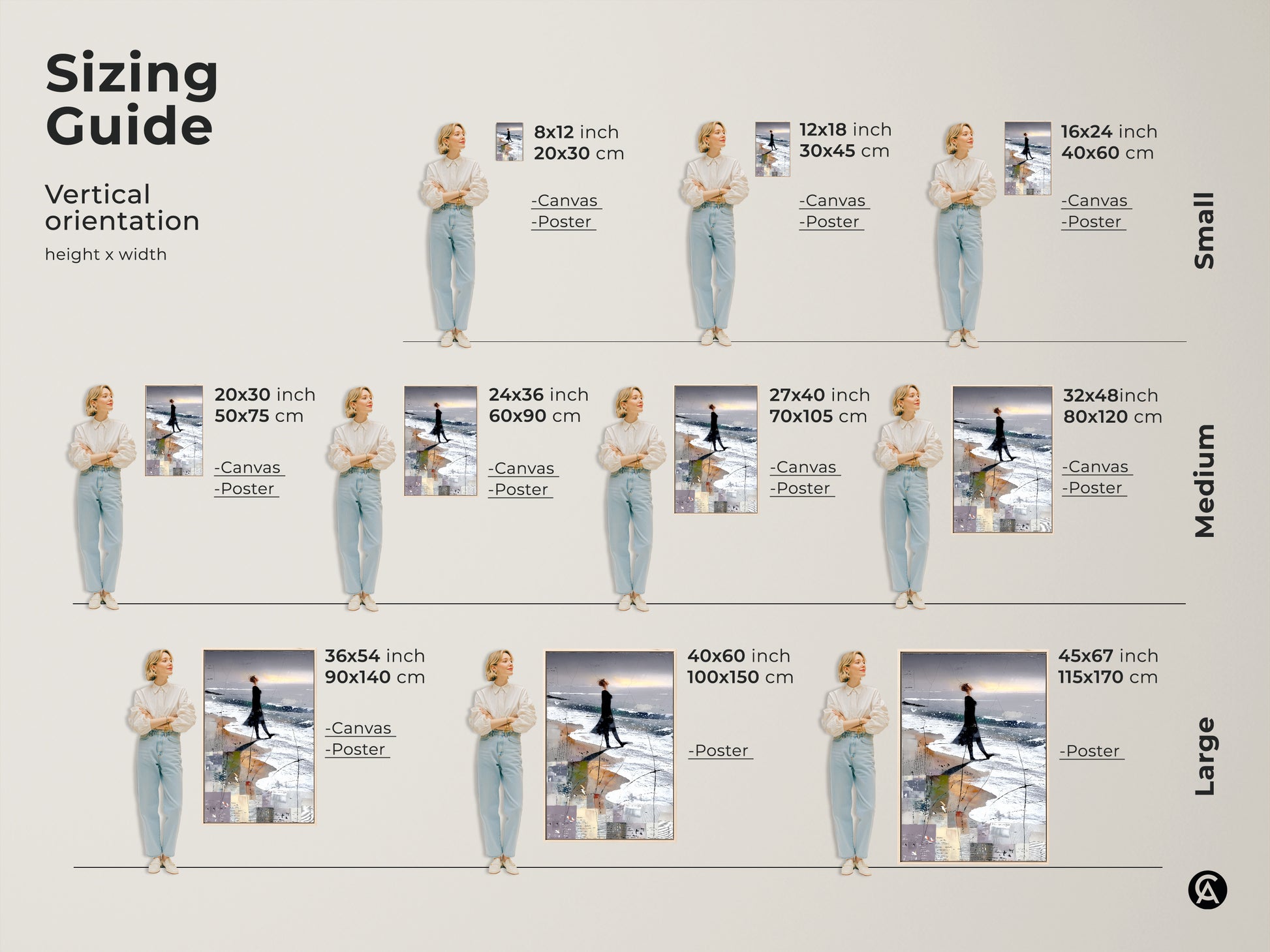 Sizing guide for abstract woman beach art print. Various sizes from small to large. Available as canvas or poster. Contemporary art adds visual interest to walls. A great beach lover artwork gift