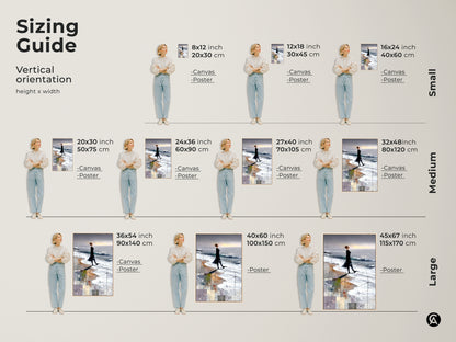 Sizing guide for abstract woman beach art print. Various sizes from small to large. Available as canvas or poster. Contemporary art adds visual interest to walls. A great beach lover artwork gift