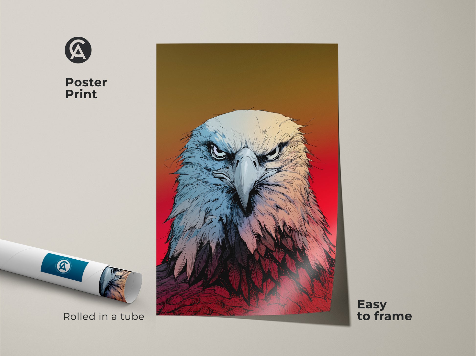 Experience wildlife art with this American Eagle poster print. Easy to frame this piece features a bold eagle head. The bird of prey decor adds a unique touch to any space. Perfect as office wall art this poster brings a patriotic and powerful vibe.